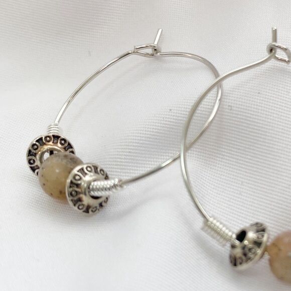 Stainless Steel Hoop Earrings with Peach Pink Round and Silver Bead - Picture 2 of 4